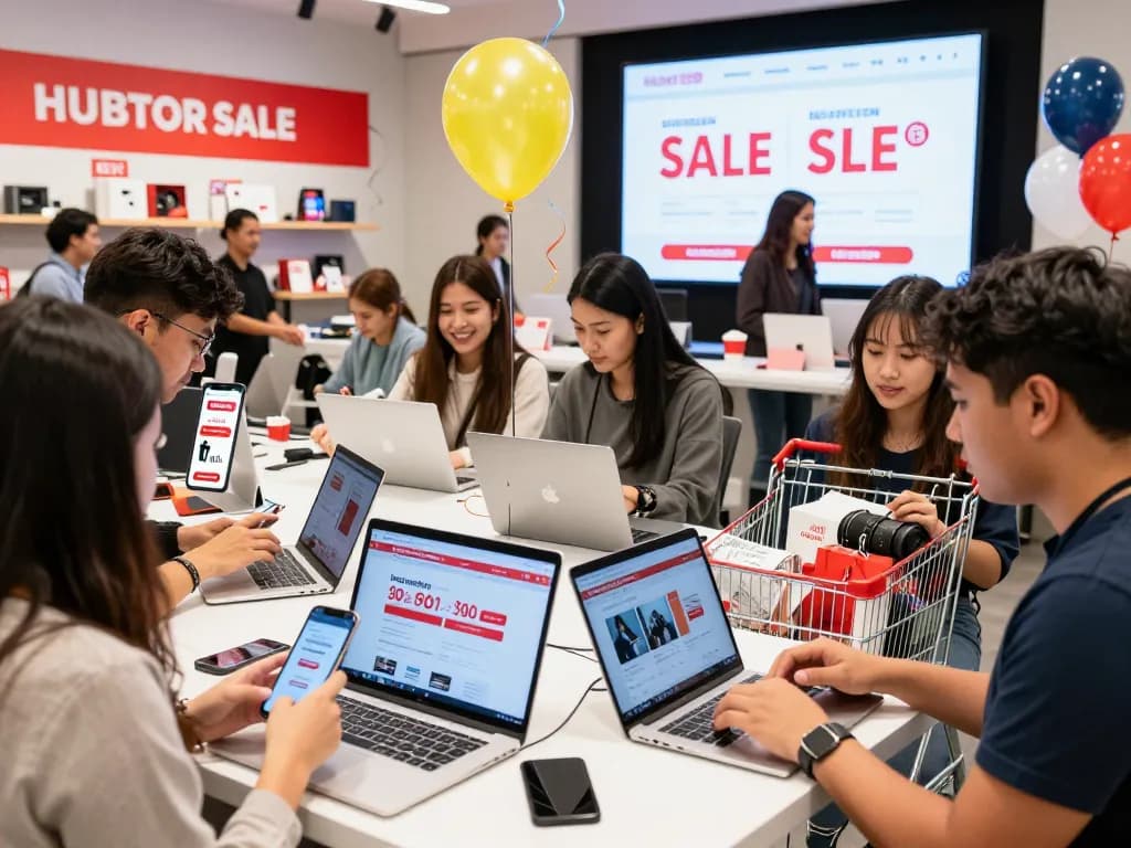 Exciting e-commerce shopping scene showcasing hubet88 com newsletter signup with lively customer interactions.