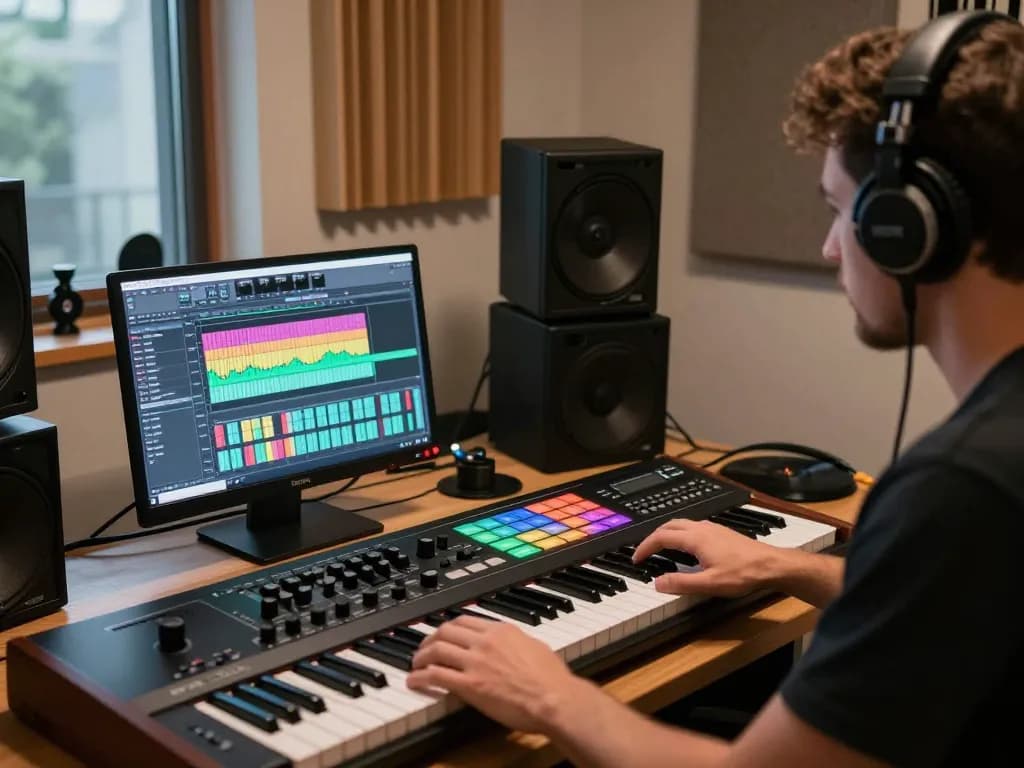 Creating music with the SC88 sound module in a modern studio setup, featuring a MIDI workstation and DAW.
