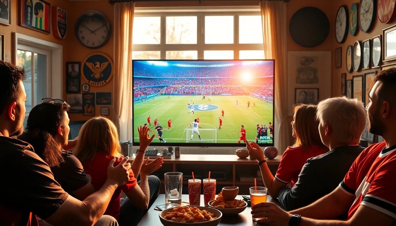 Streaming bolakami football match with friends in a lively and vibrant environment.