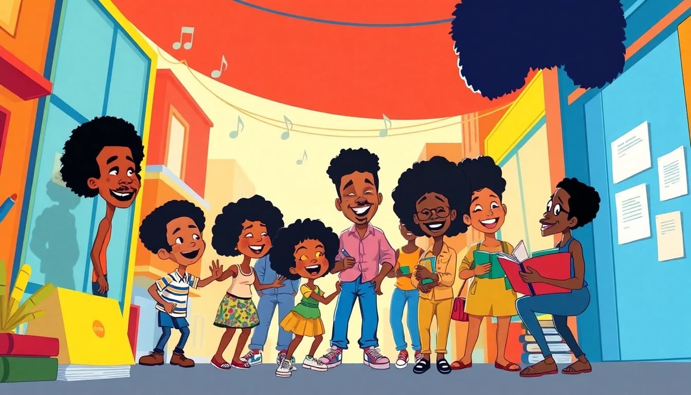 A lively scene featuring iconic characters from African American Cartoons, celebrating culture and creativity in a colorful urban setting.