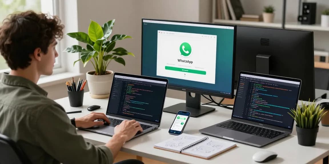 WhatsApp下載 in dynamic tech workspace with multiple screens displaying app interface and coding.