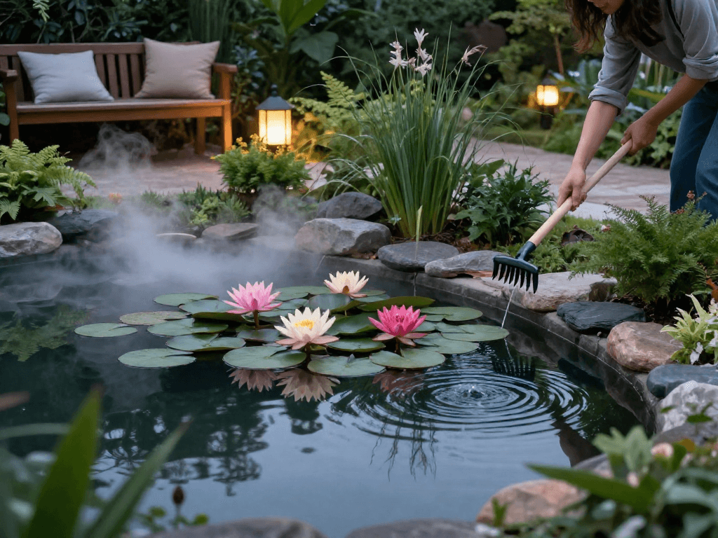 Buy Water Lilies in a serene garden pond with blooming flowers and gentle lighting.