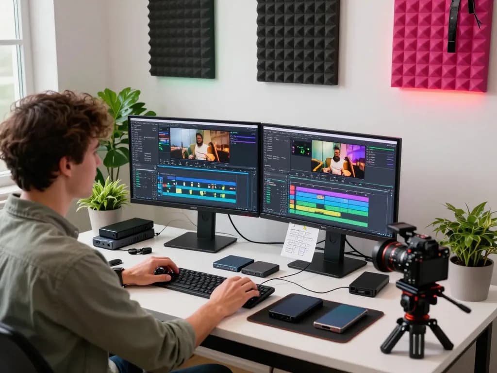 Creative workspace for video editing showcasing detailed AI video prompts through video to prompt ai technology.