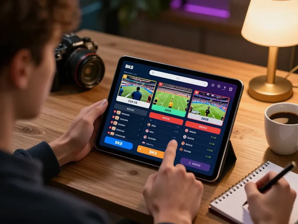 Player placing bets on BK8 app during exciting live sports event, cozy atmosphere with personal touches.