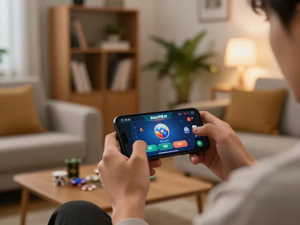 Engaging in online gaming with the kiss918 apk on a smartphone in a cozy, well-lit living room.