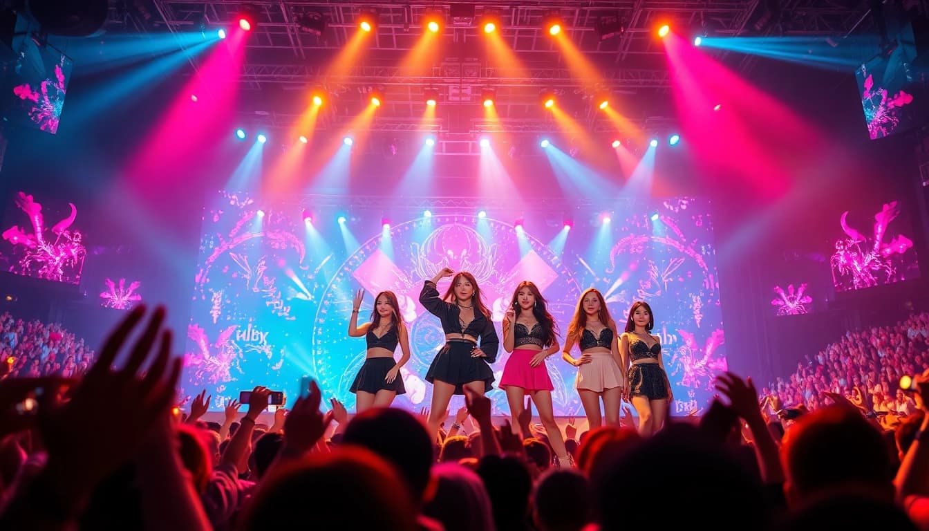 BLACKPINK news captures the group performing with enthusiasm in a stunning K-pop concert setting.