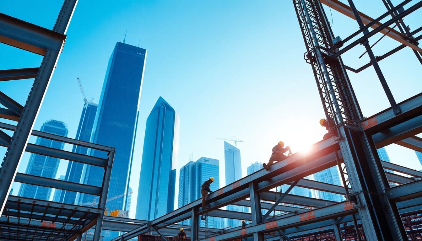 Workers engaged in structural steel construction, showcasing teamwork and precision on site.