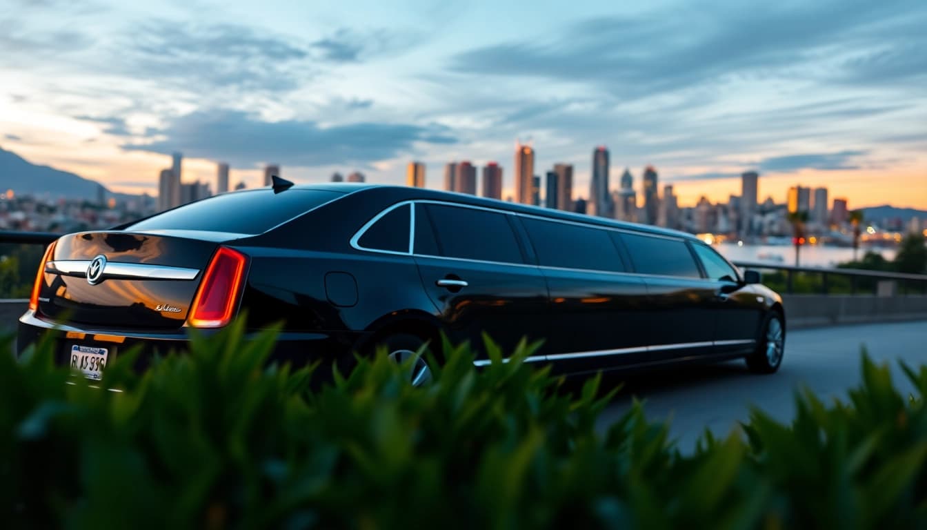 Experience luxury with vancouver to seattle limo service in a sleek black limousine against a vibrant city skyline.
