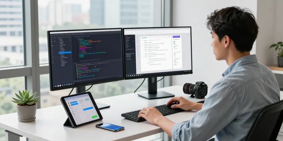 Developer working on 纸飞机官网 software in a modern tech workspace with vibrant coding interface.