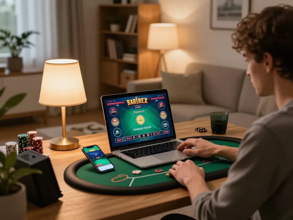 B52Club Có Bịp Không shown in a cozy online gaming setup with a player intensely focused on a poker game.