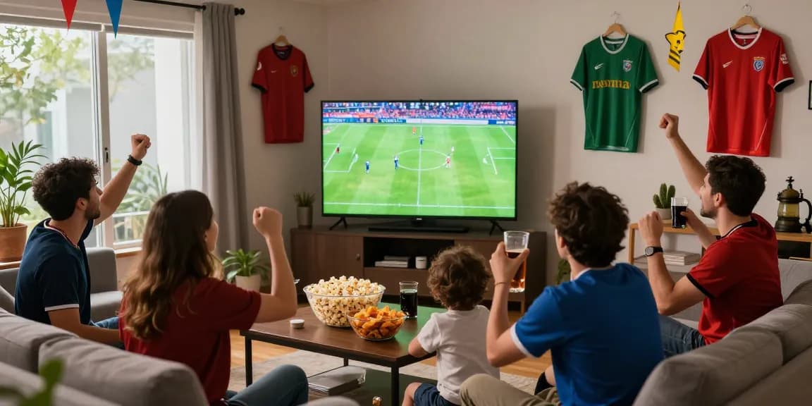 Fans enjoying kora live football matches in a vibrant living room atmosphere.