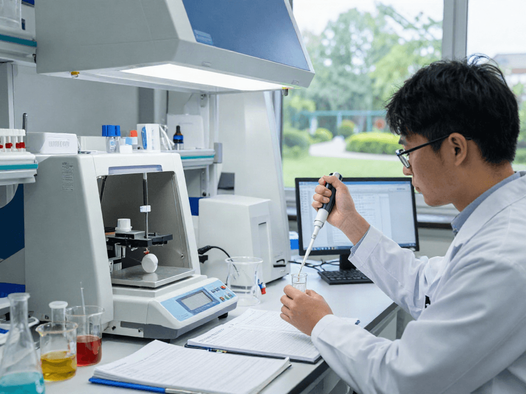 Researcher analyzing laboratory research peptides in a modern lab setting with scientific equipment and bright surroundings.