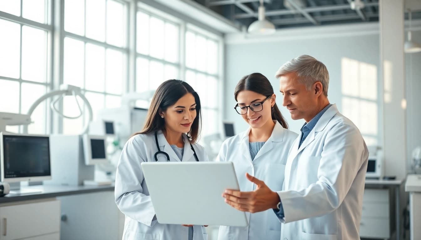 Research team analyzing data for the ADAPTABLE Aspirin Study in a modern lab setting.