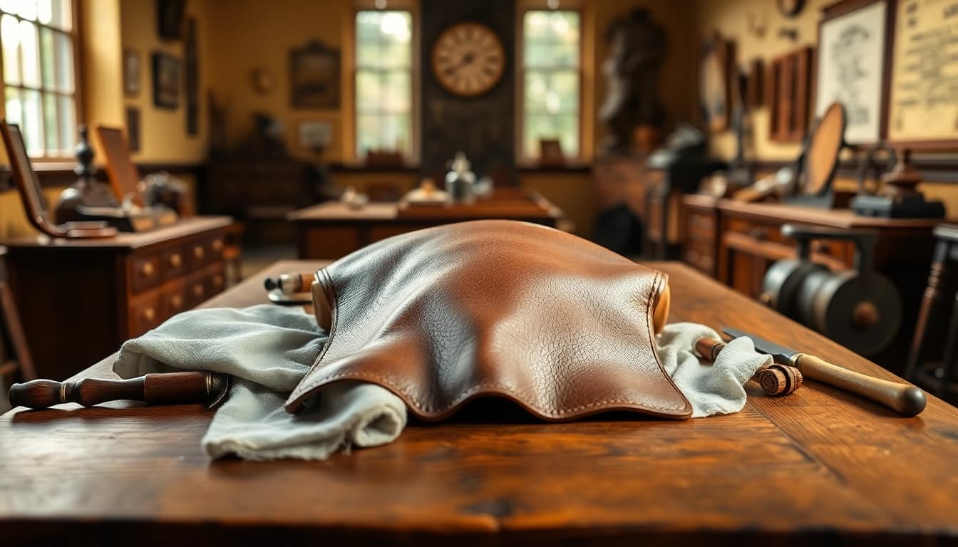 Showcase of museum-grade leather care techniques applied on a leather artifact.
