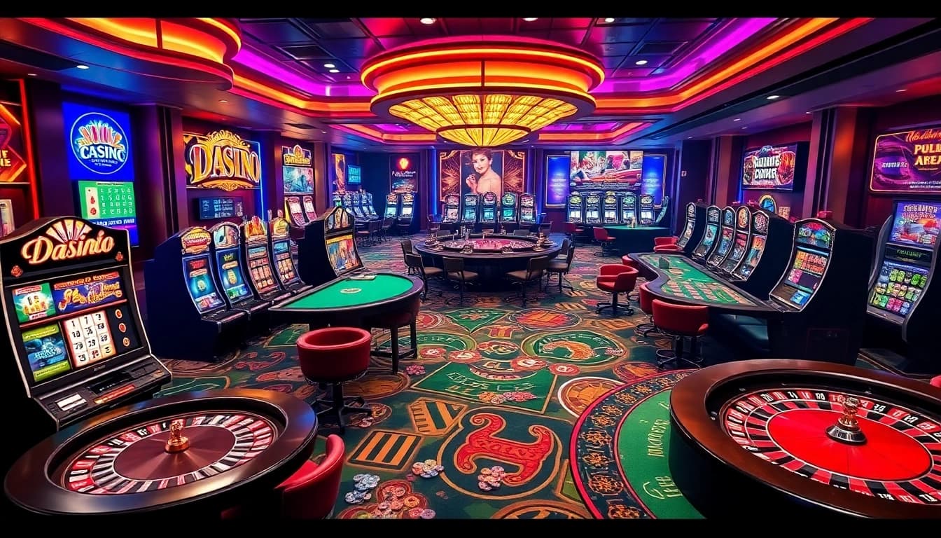 KJC AC 2 sign displaying excitement on a bustling casino floor with slot machines and poker tables.
