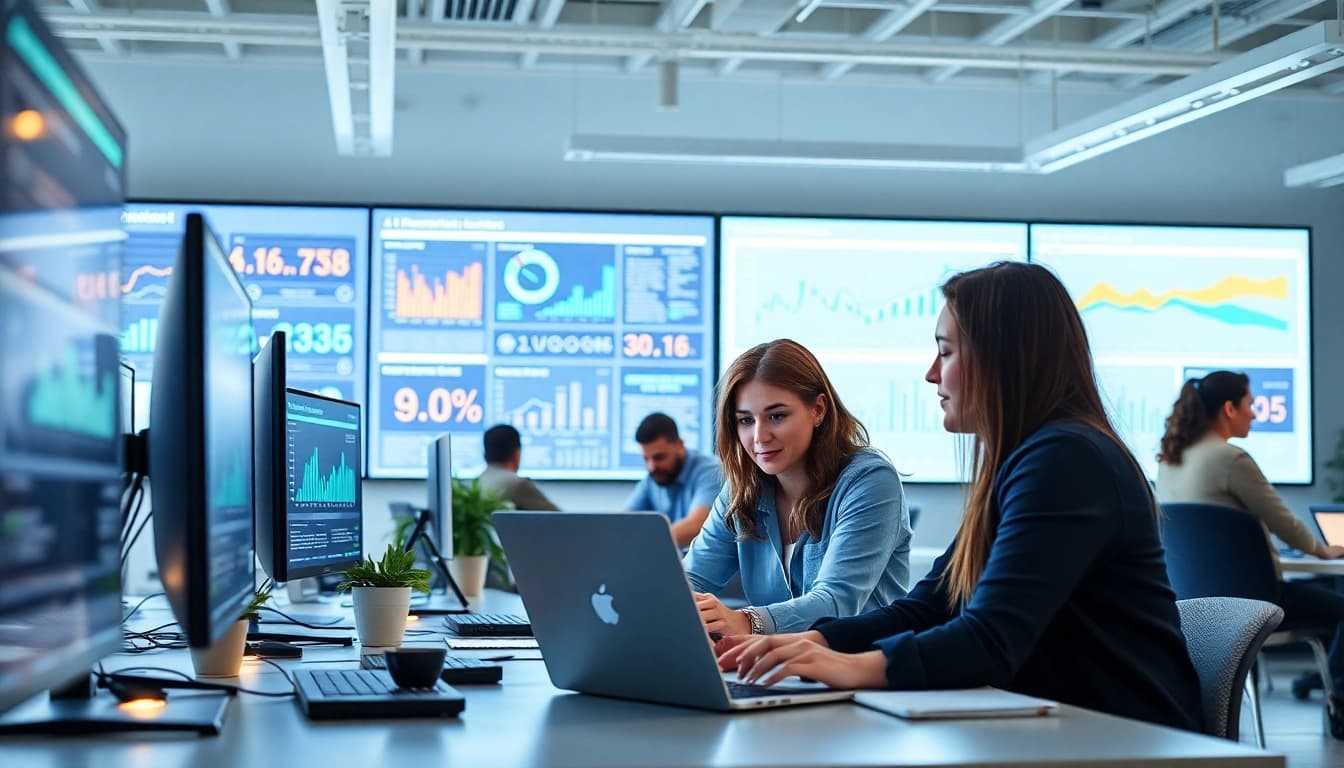 Engage with https://benchbot.ai in a professional AI testing environment showcasing teamwork and innovation.