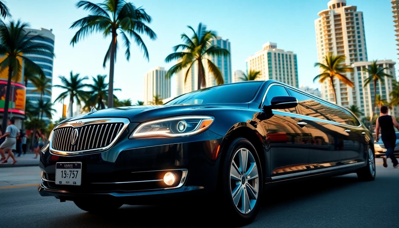Luxurious limo service Miami Florida parked in a lively urban scene, showcasing elegance and style.
