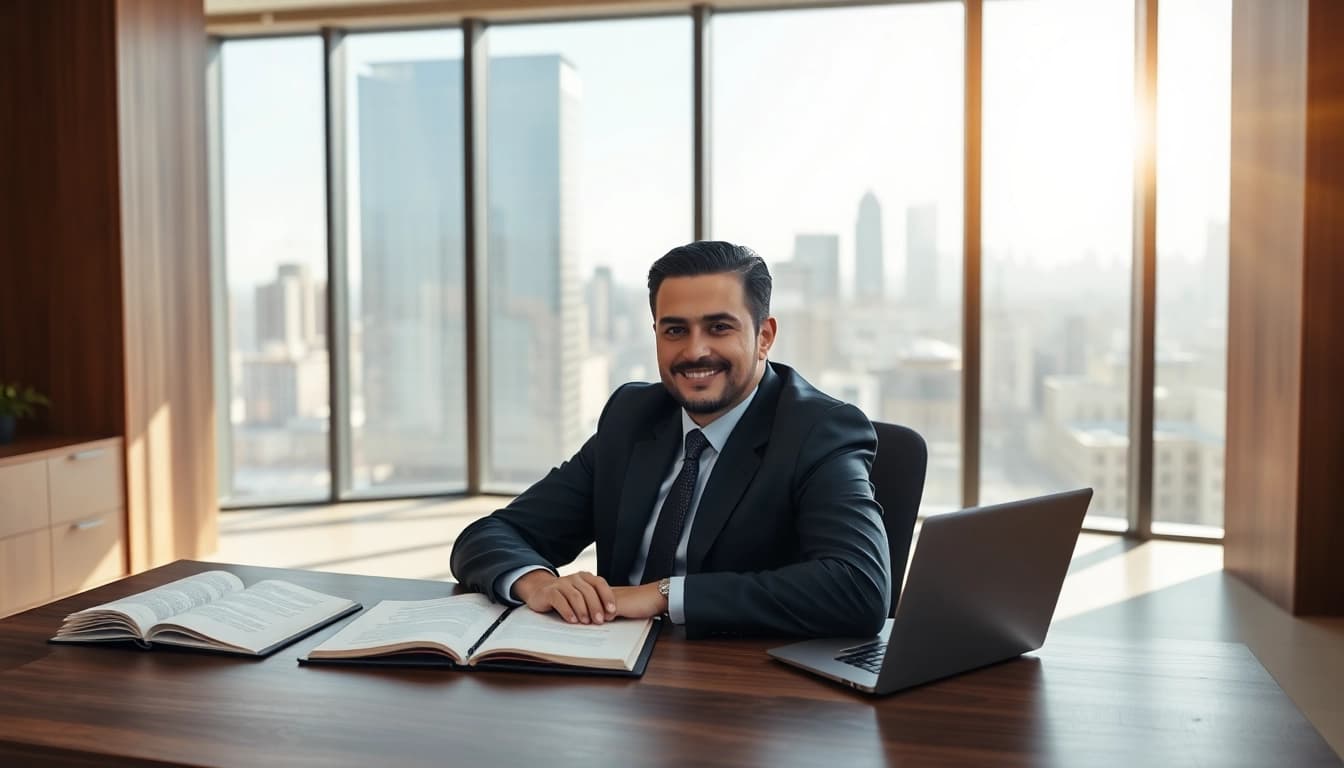 Professional intellectual property lawyer working diligently in a modern office environment.