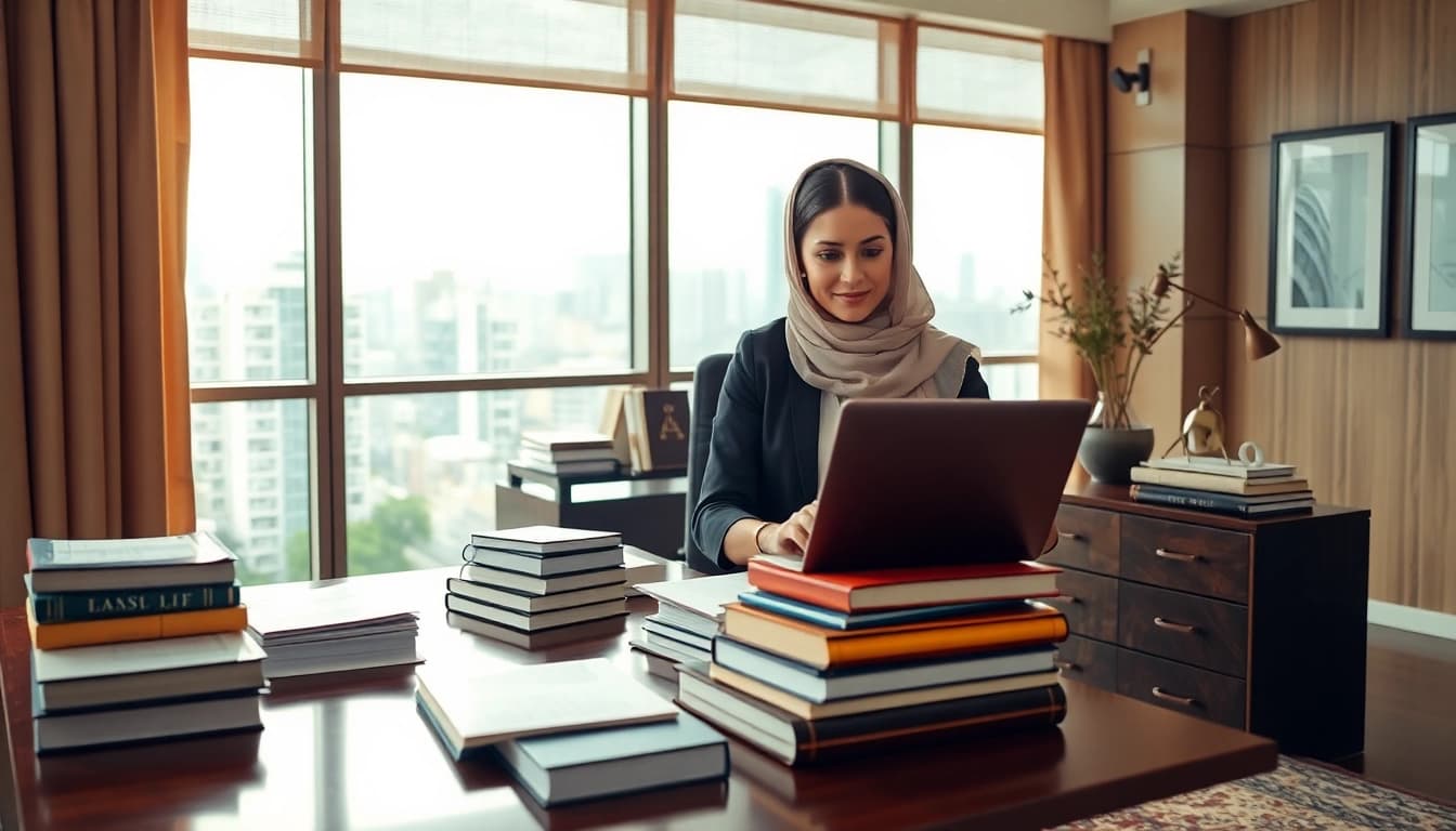 Traducteur arabe certifié travaillant dans un environnement de bureau moderne, illustrant le professionnalisme.