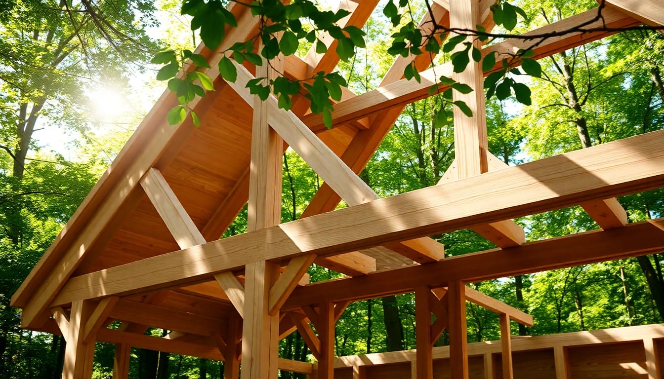 Structural Timber Frame construction showcases detailed wooden beams in a natural setting.