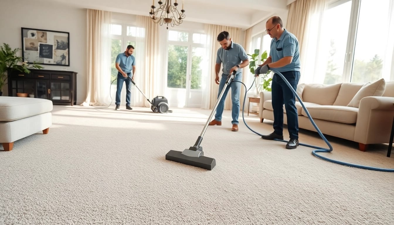Shop for carpet cleaning specials with a professional team revitalizing a cozy living room carpet.