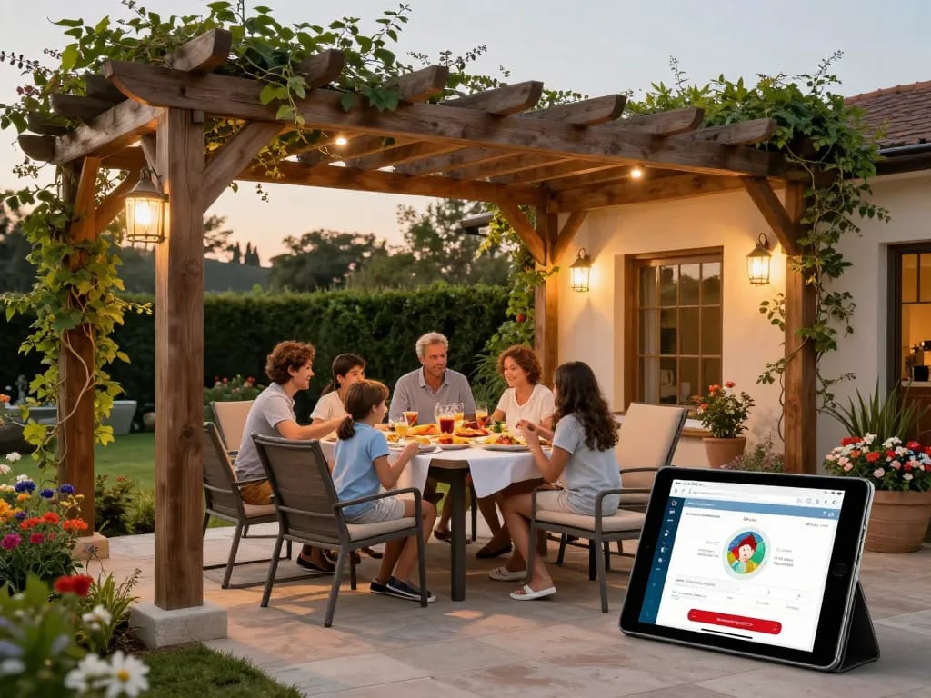 Family enjoying time under a custom-designed pergola using an online pergola configurator.