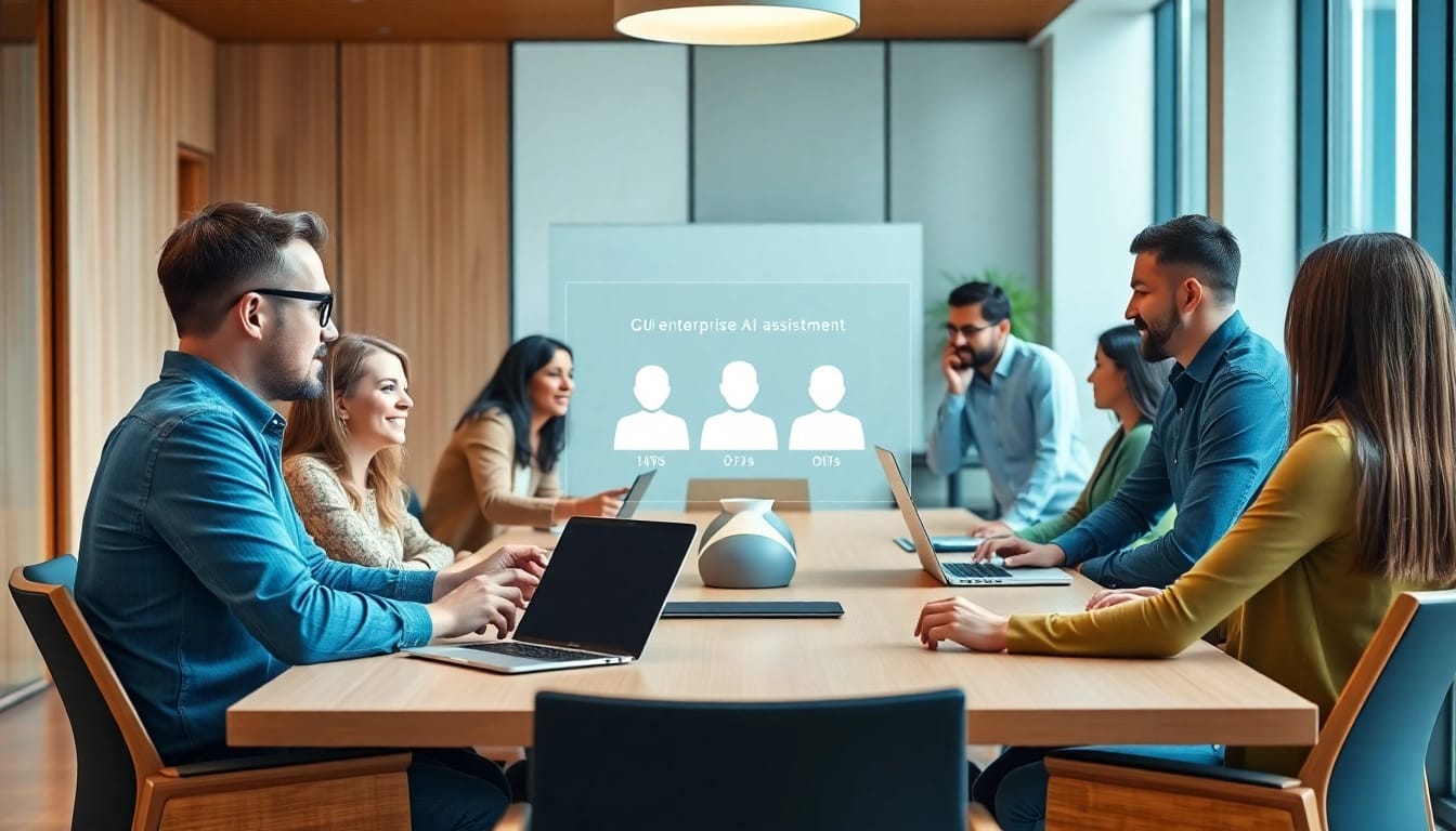Engaged team using an enterprise ai assistant in a vibrant office collaboration.