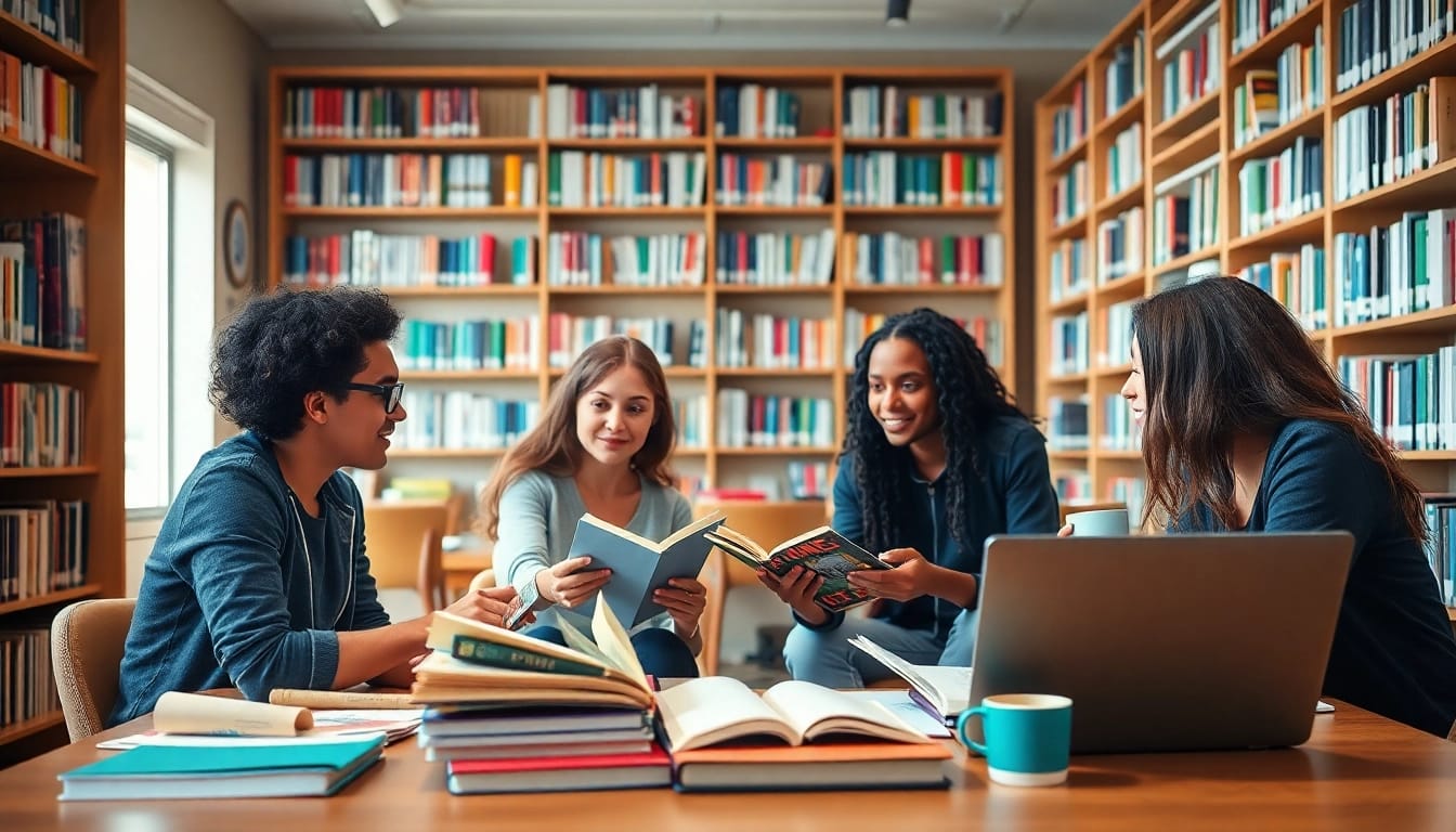 Students collaborating to pay someone to take toefl exam with books in a library.