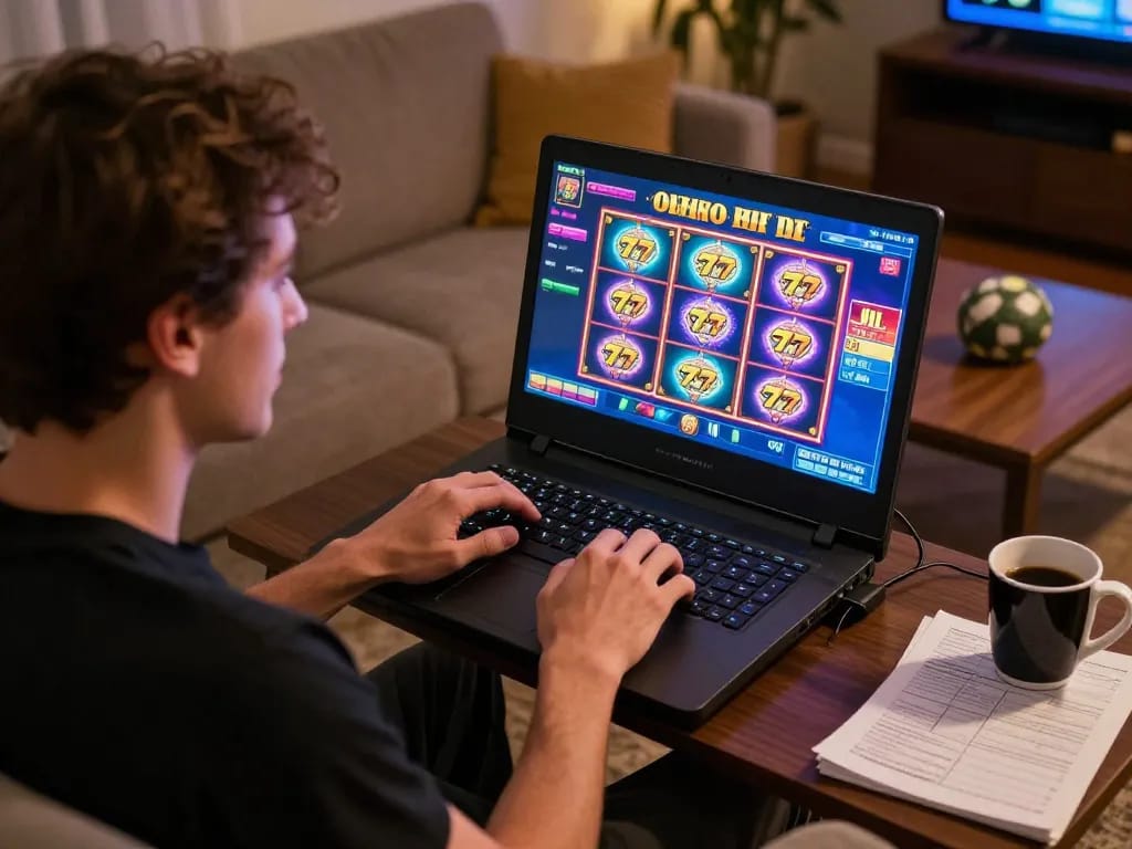 Player enjoying slot77 online gaming on a laptop in a cozy home setting, showcasing an engaging gambling experience.