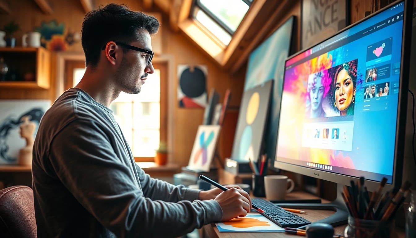 Creating artwork with an image generator in a vibrant artist's studio.