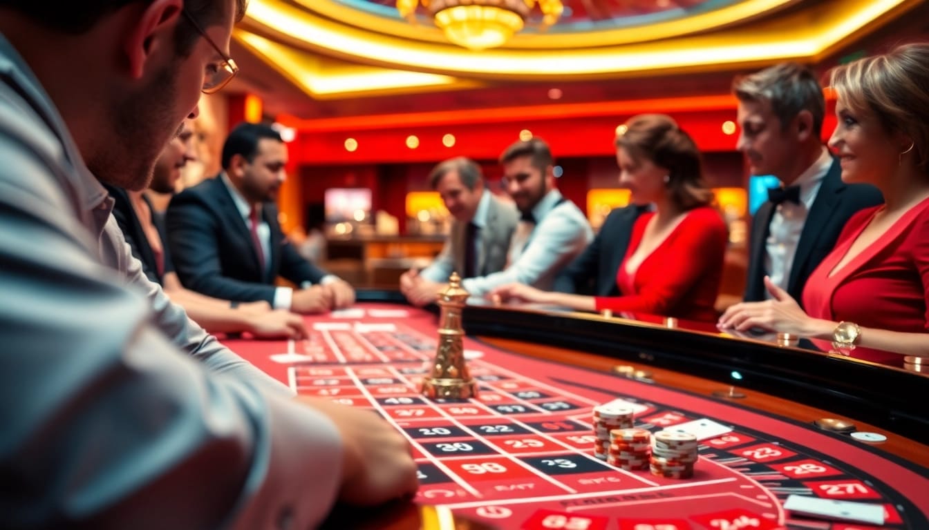 Permainan kasino bbni4d dengan pemain berinteraksi di meja roulette yang menegangkan.