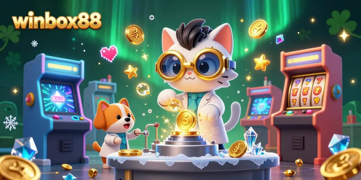 Winbox88 immersive slot gaming experience with cartoon cat scientist and loyal dog amidst vibrant arcade elements.