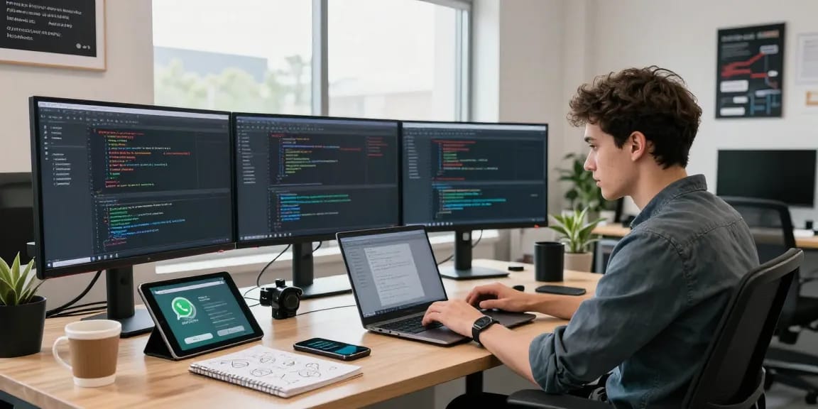 WhatsApp下載 features highlighted on multiple screens in a modern tech workspace.