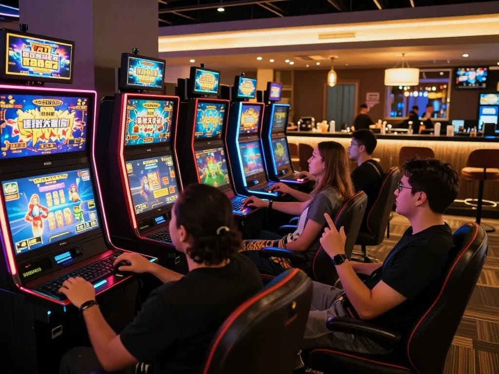 Players immersing in FAFA828 slots experience at vibrant gaming lounge.