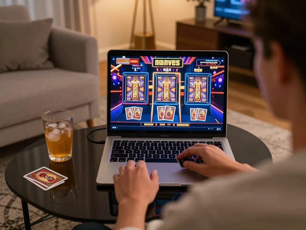 Person plays exciting TG88 online slots on laptop in cozy home setting