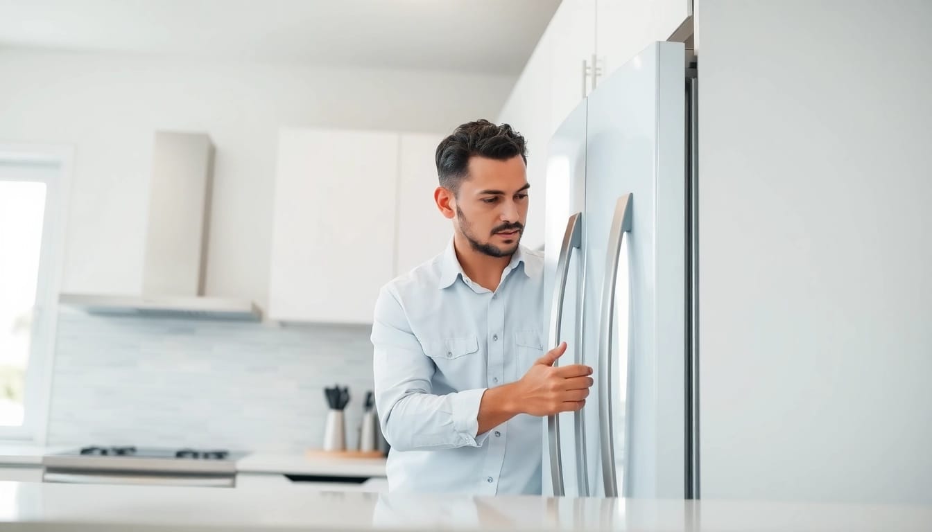 Technician performing appliance repair los angeles on a sleek refrigerator in a bright kitchen.