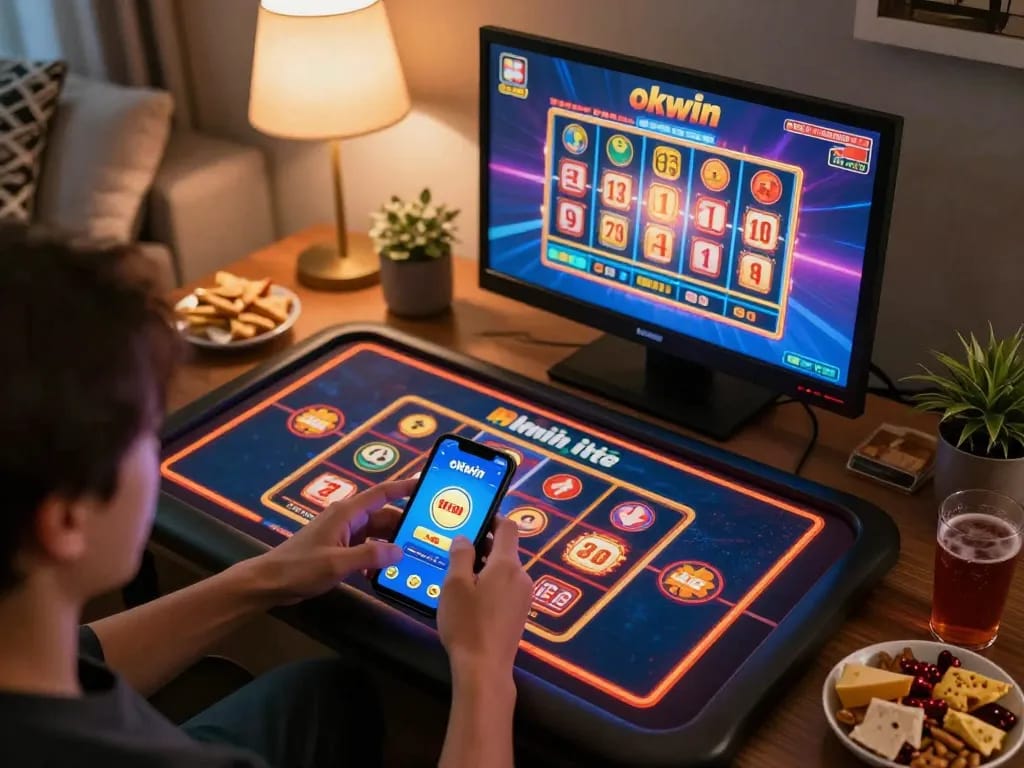 Engaging with the okwin app for online gambling from home in a cozy setting.