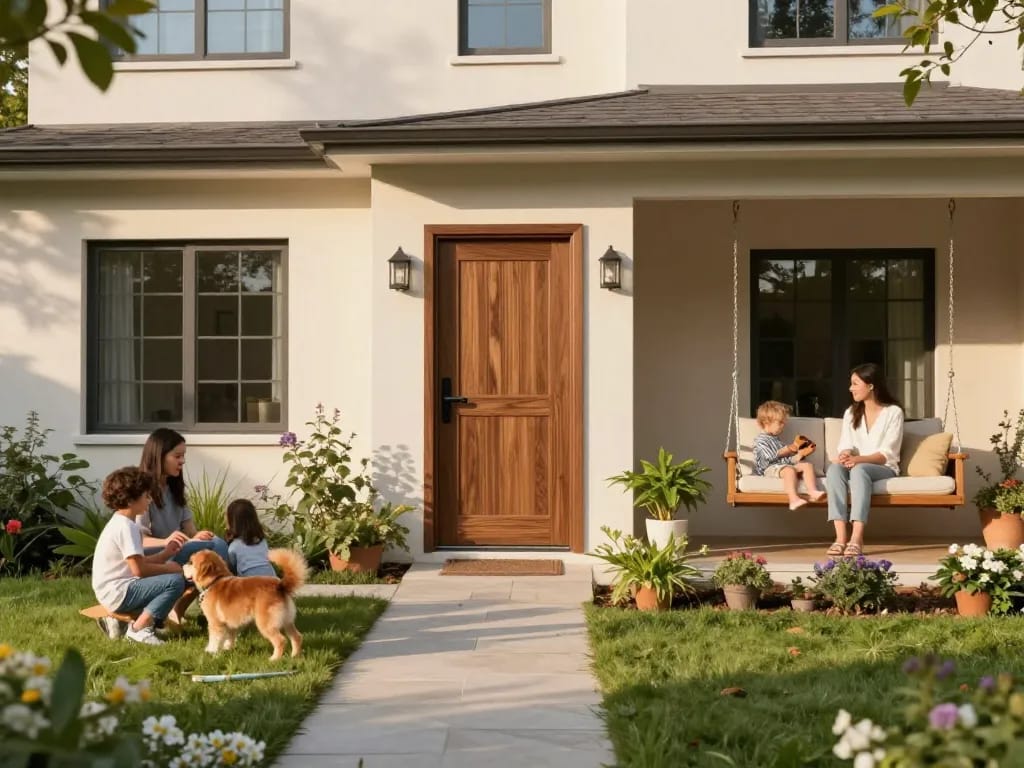 Moderne Haustür als Teil eines einladenden Zuhauses, mit Familie und Grünflächen.