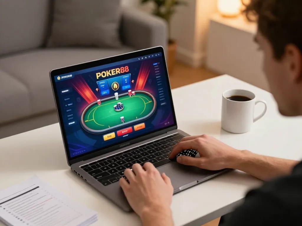 Engaging player strategizing during a POKER88 online game, showcasing a vibrant screen with cards.