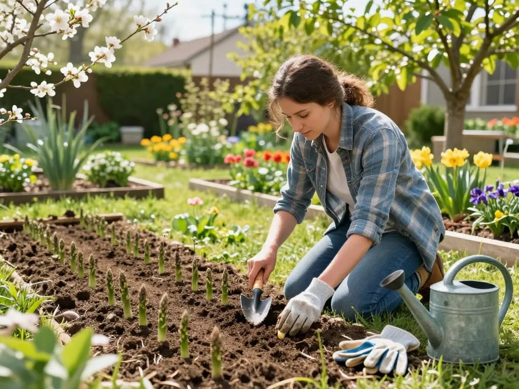 Groene asperges zaaien in a vibrant spring garden with rich foliage and gardening tools.