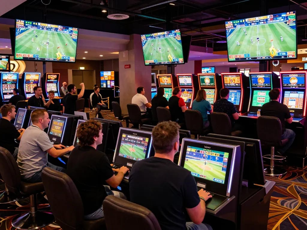 Winstrike69 sports bettors cheering in a lively casino environment, showcasing real-time game excitement.