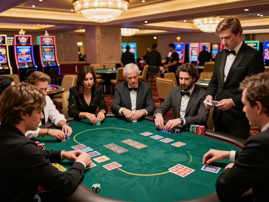 Engaged players showcasing top quality widgets while strategizing at a lively poker table in a casino