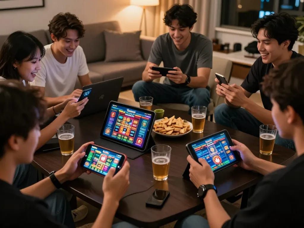 Players enjoying exciting games on the Sunwin platform in a cozy home setting
