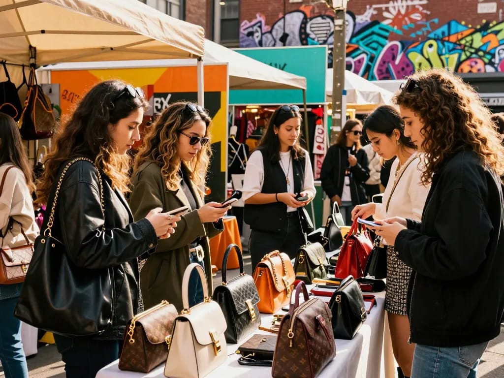 Chic individuals exploring luxury 레플리카 items at a trendy outdoor market.