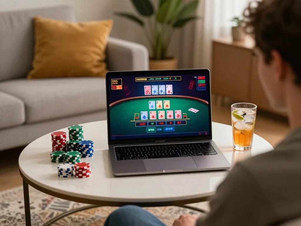 Player enjoying online blackjack at jilipinas with engaging live dealer interface in cozy home setting.