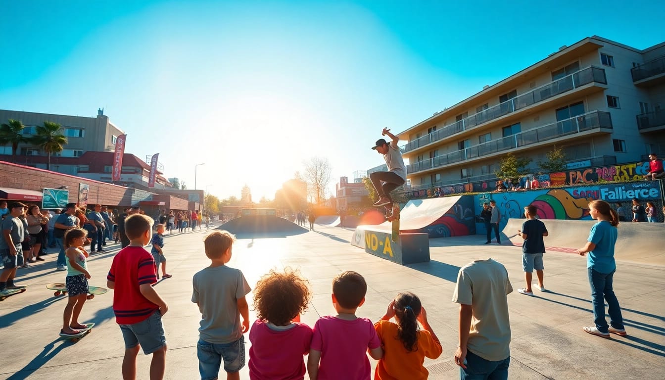 Stage de skate paris avec des jeunes qui pratiquent des tricks dans un skatepark animé.
