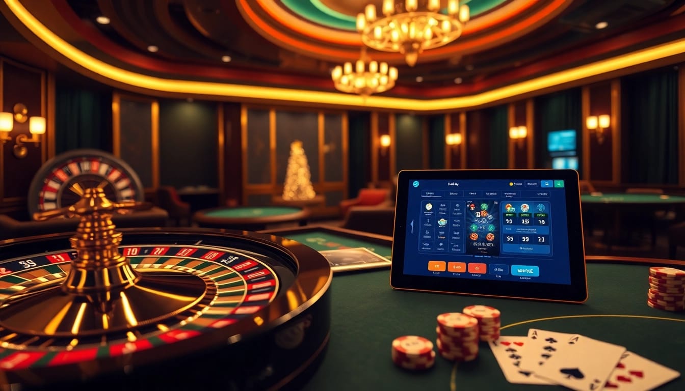 Rasakan permainan berisiko tinggi dalam lingkungan kasino mewah yang menampilkan elemen Kit 4D seperti meja roulette dan poker.