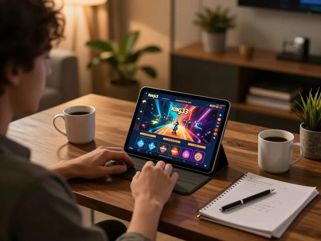 Player enjoying the king33 casino app on tablet, highlighting an immersive online gaming experience.