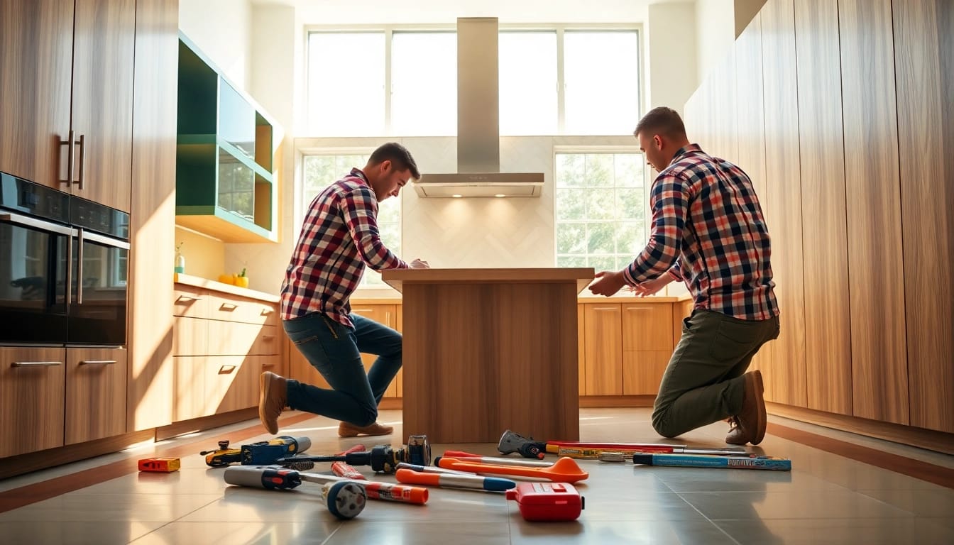 Skilled kitchen installers performing tasks in a beautifully designed kitchen space.