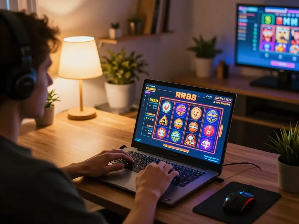Player engaging in exciting RR88 online casino game at a stylish home desk
